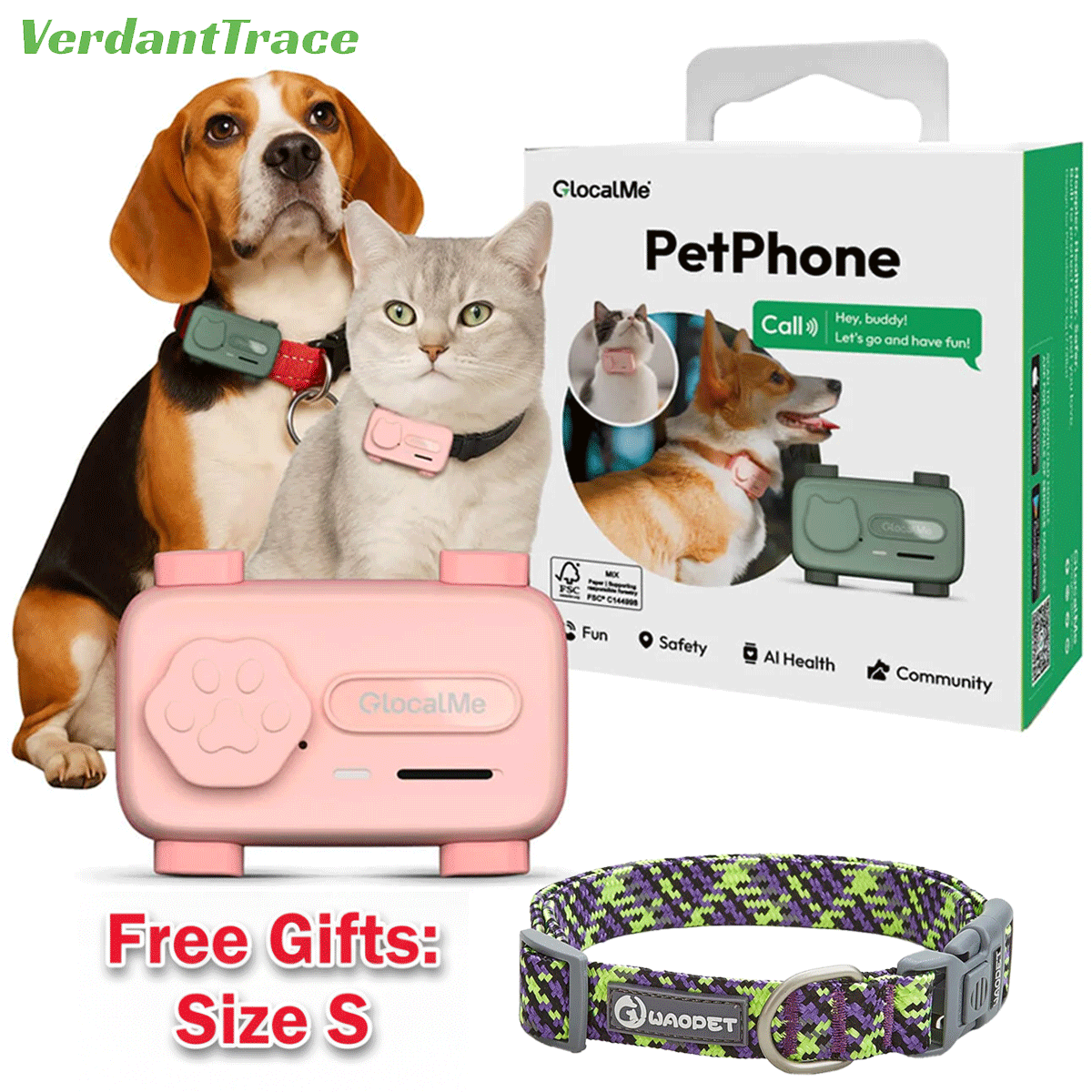 Green and pink GlocalMe PetPhone trackers with a dog, cat, product box and collar