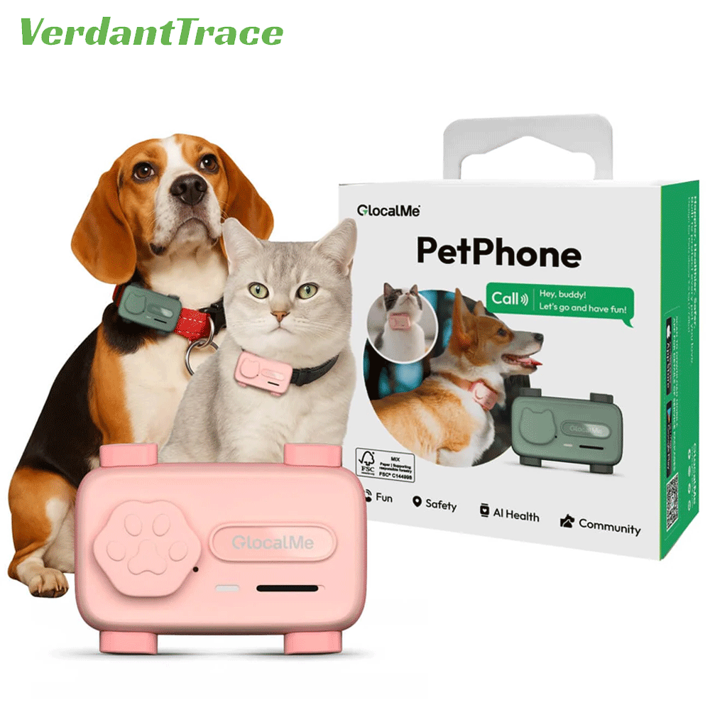 Dog and cat wearing GlocalMe PetPhone trackers beside green and pink devices and the product box