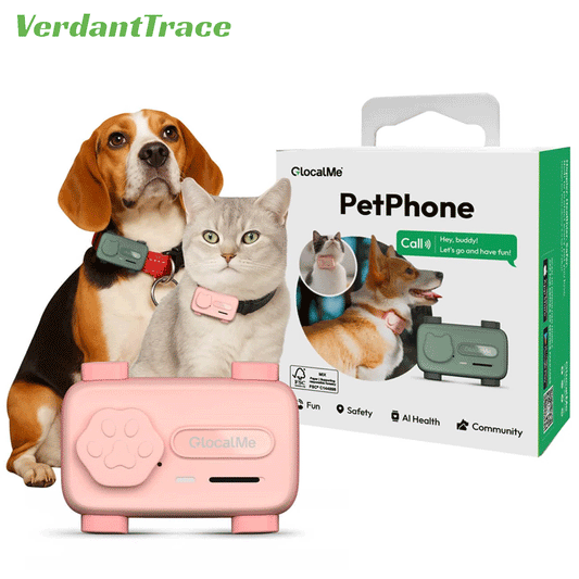 Dog and cat wearing GlocalMe PetPhone trackers beside green and pink devices and the product box