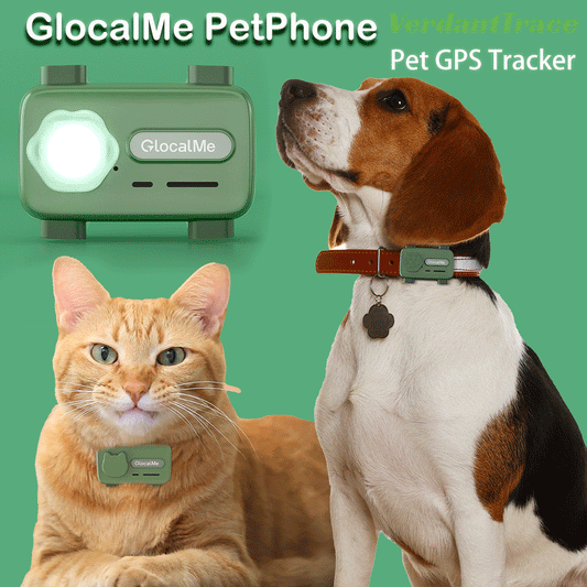 Cat and dog wearing green GlocalMe PetPhone trackers