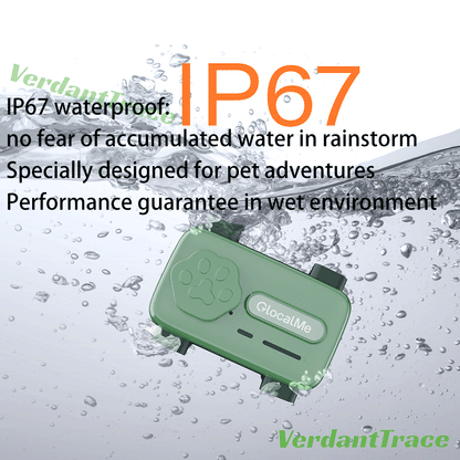 Green GlocalMe PetPhone shown against a water droplet background