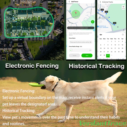 Dog beside map boundary and location history screens in the GlocalMe app
