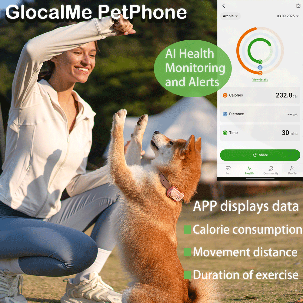 Woman with a dog beside the GlocalMe PetPhone activity screen