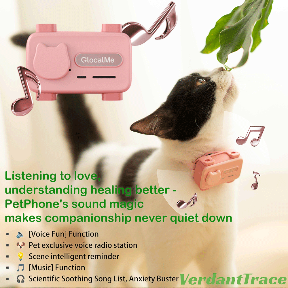 Pink GlocalMe PetPhone clipped to a collar beside a cat and music notes