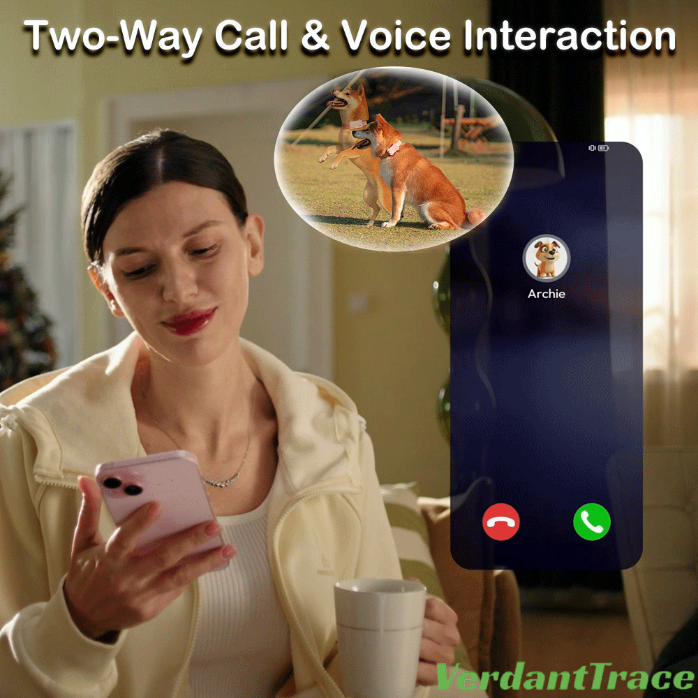 Woman using her phone for a two-way call with her dog