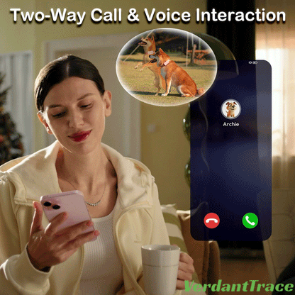 Woman using her phone for a two-way call with her dog