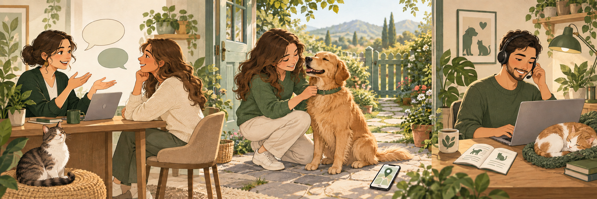 Illustrated scenes of pet product advice, collar fitting and customer support