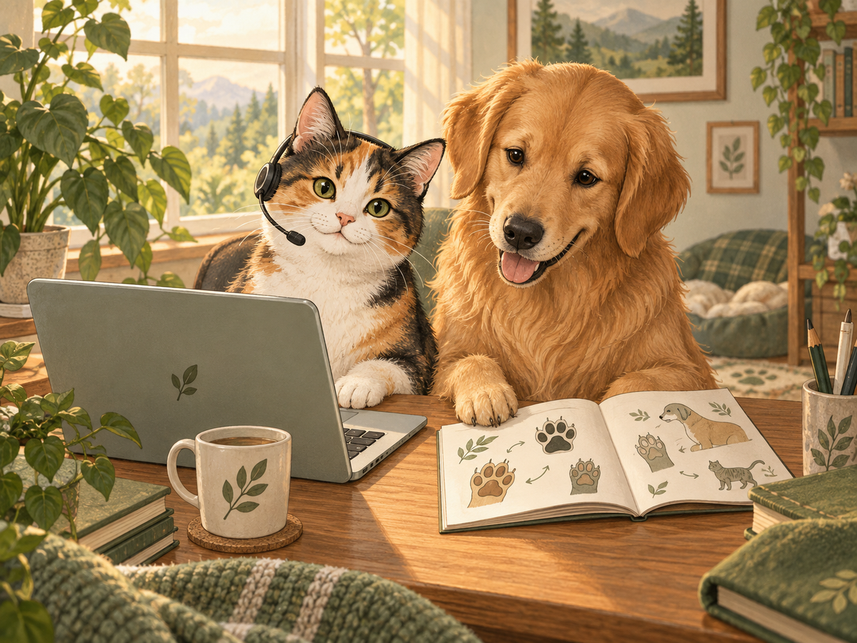Cartoon cat wearing a headset and golden retriever at a customer support desk