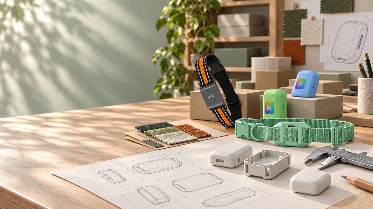 OEM and ODM design concept with tracker products, white housing mockups, appearance sketches and material samples on a sunlit workbench