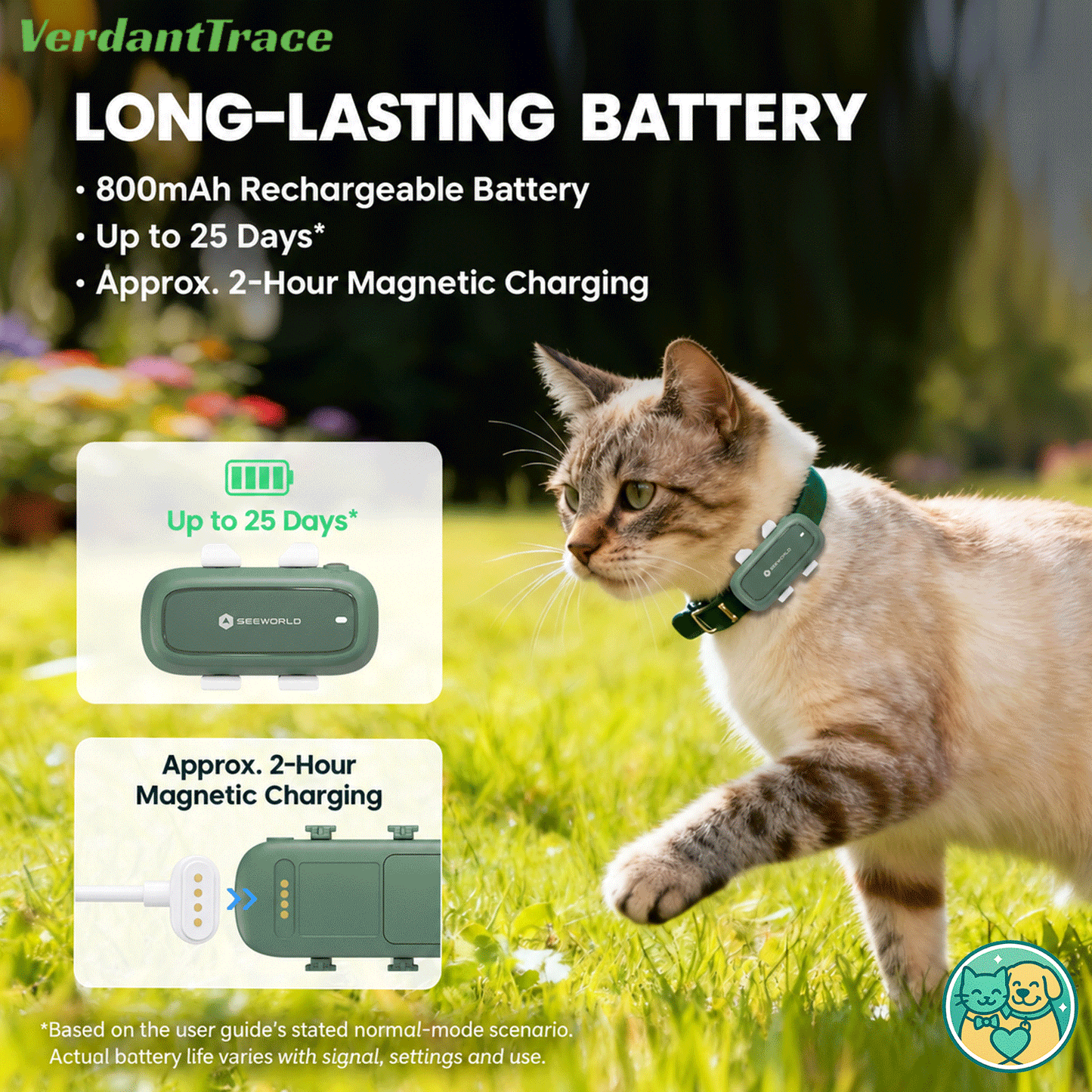 SEEWORLD P5 tracker showing its 800mAh battery and magnetic charging connection