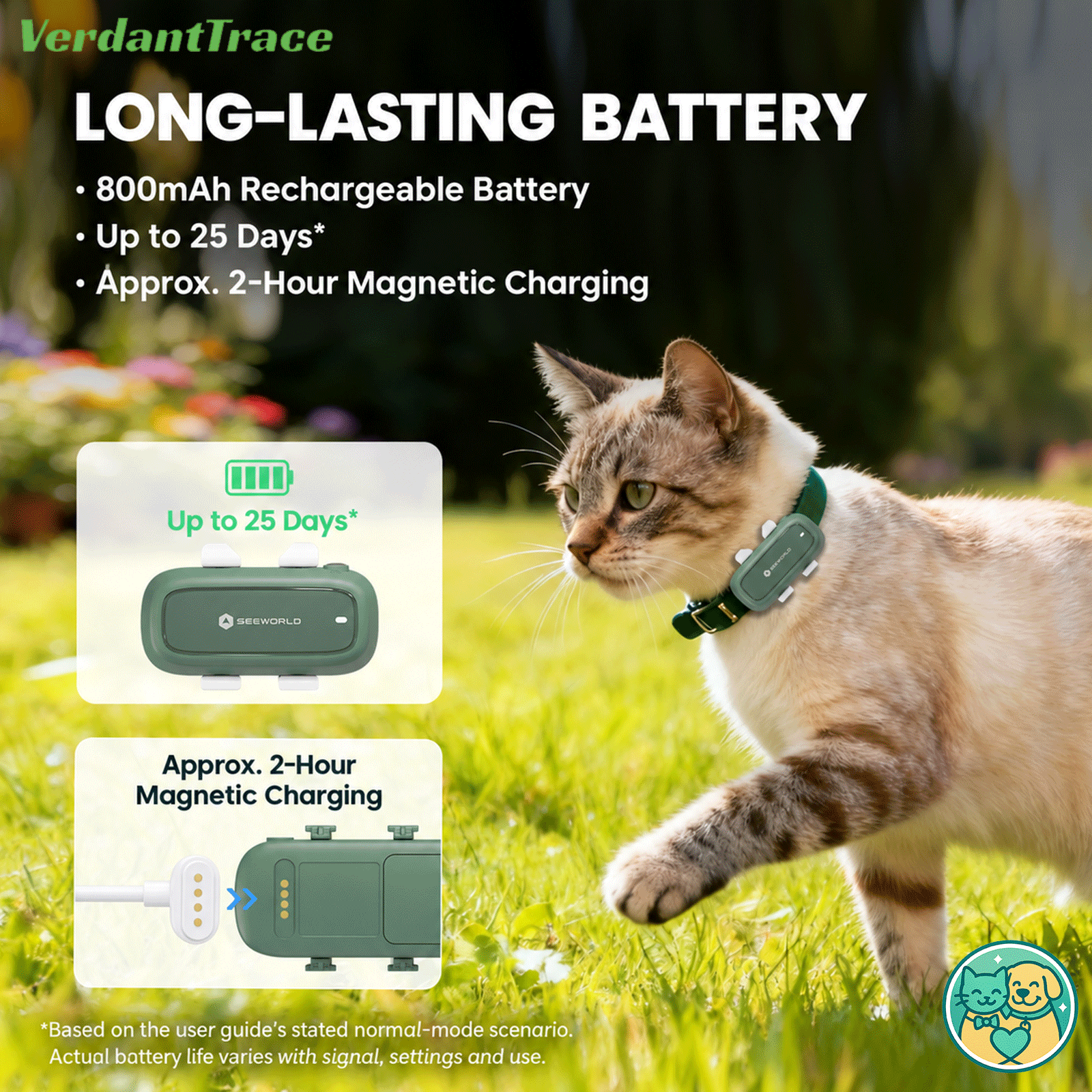 SEEWORLD P5 tracker showing its 800mAh battery and magnetic charging connection