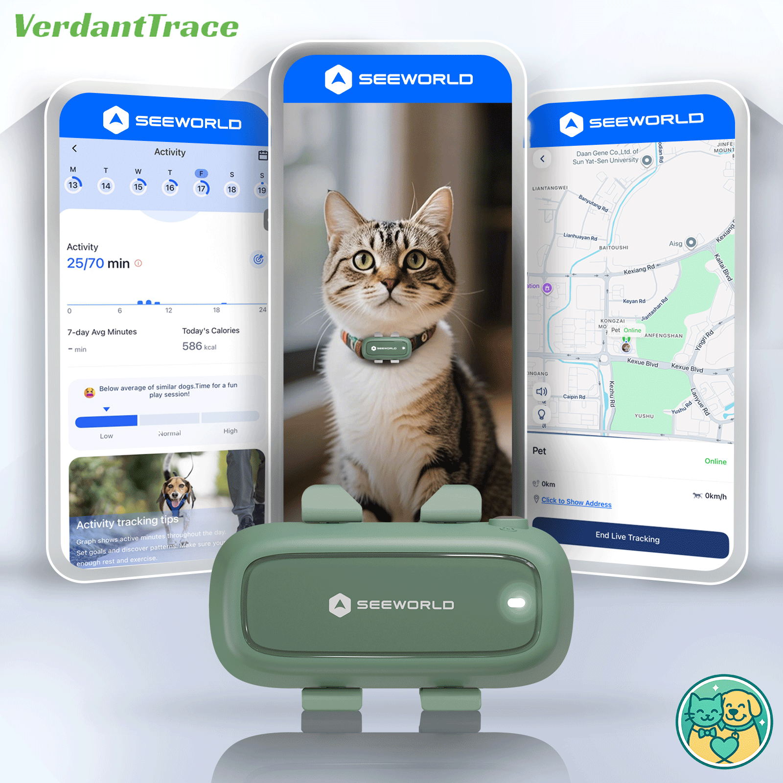 SEEWORLD P5 tracker with CoolPet app screens for location and activity tracking