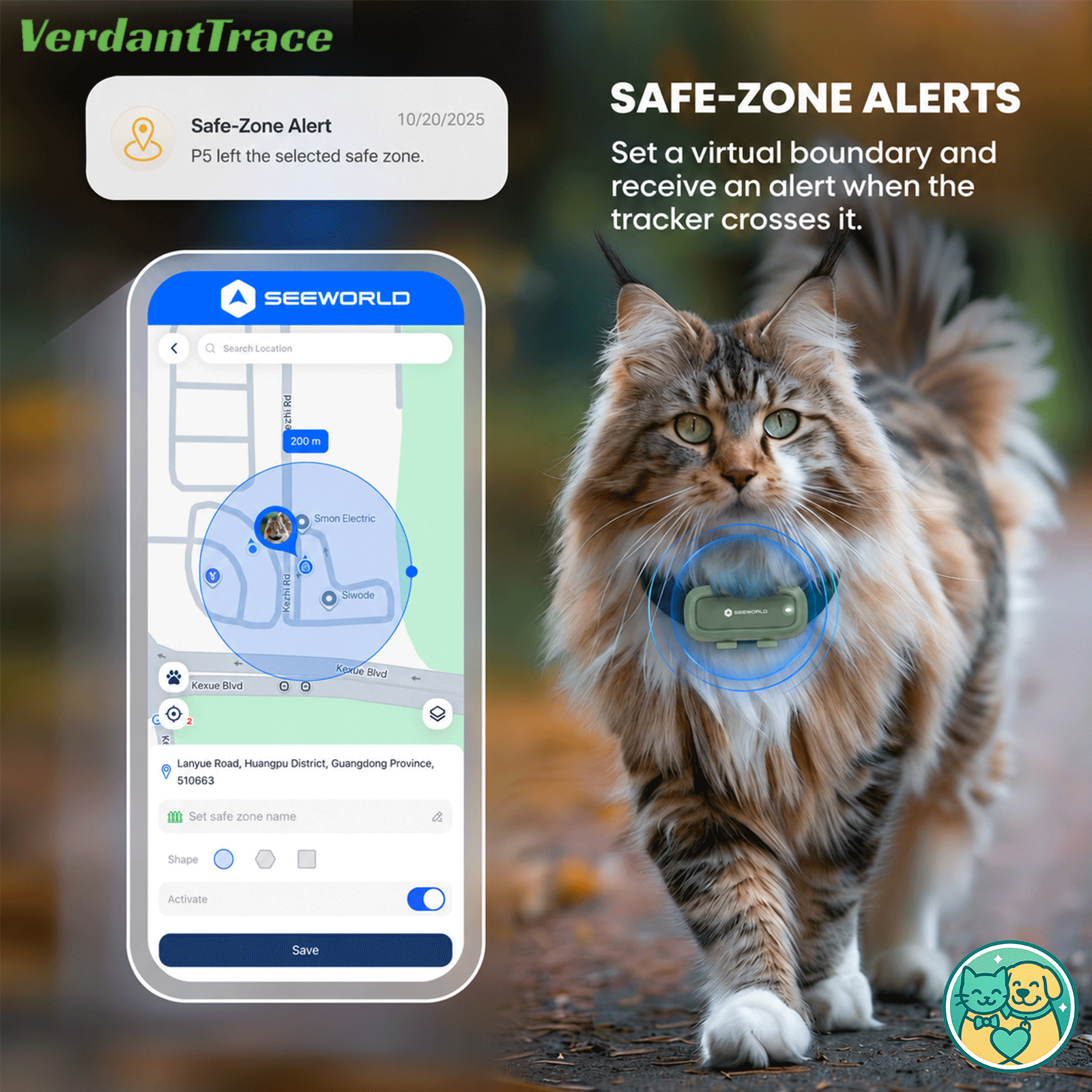 Cat wearing the SEEWORLD P5 tracker beside the CoolPet safe-zone screen