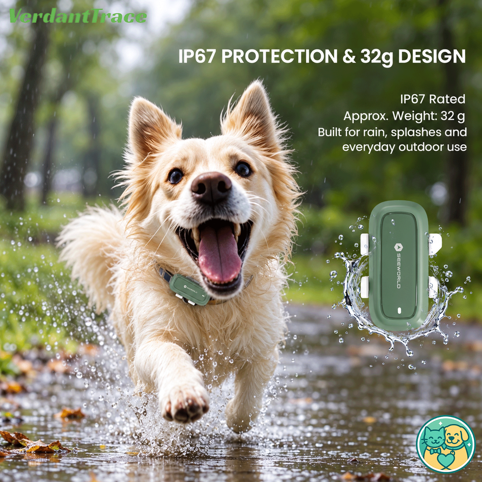 Dog wearing the 32 g SEEWORLD P5 tracker on a wet park trail