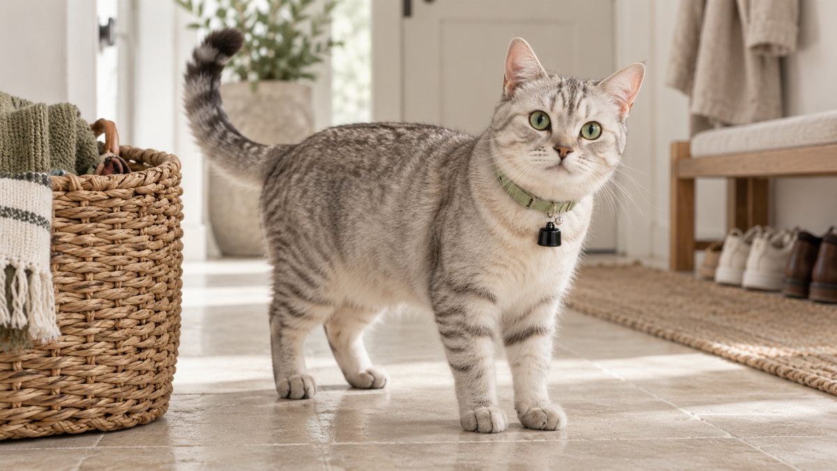 Silver tabby wearing the small black VT23 finder beside a wicker basket in a hallway