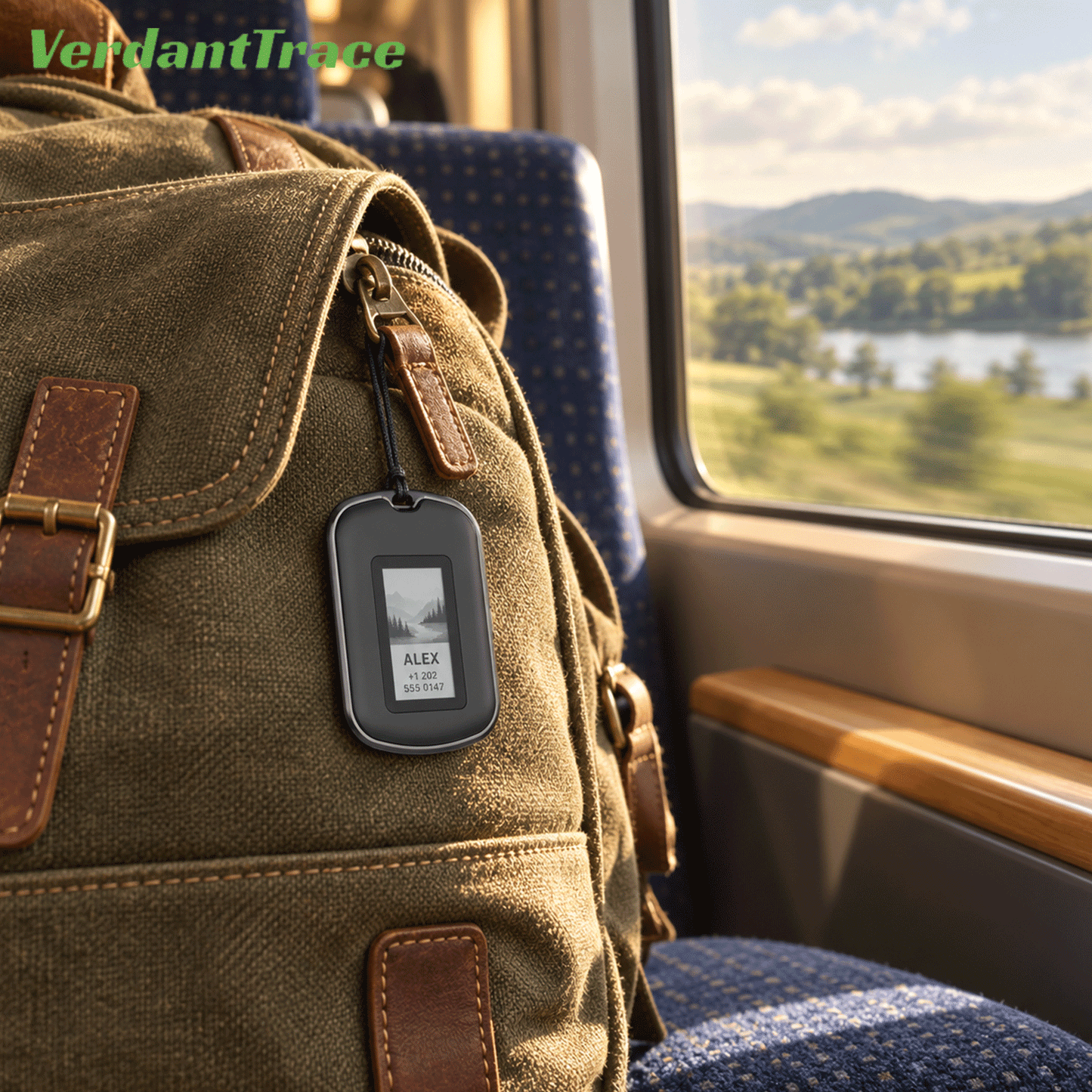 VerdantTrace VT26 Apple Find My Tracker an einem Rucksack während einer Zugreise