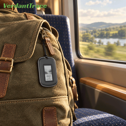 VerdantTrace VT26 Apple Find My Tracker an einem Rucksack während einer Zugreise