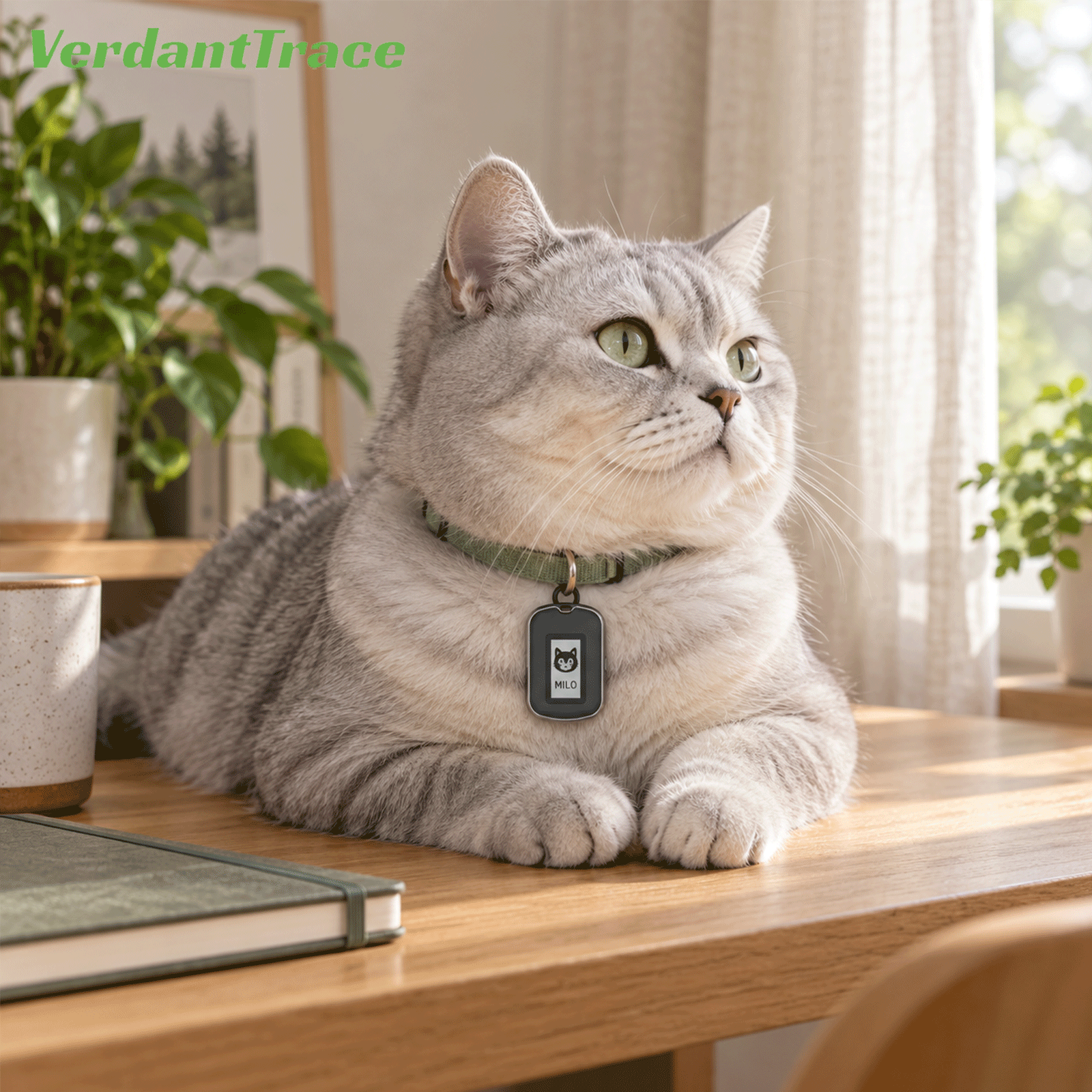 Katze mit VerdantTrace VT26 Apple Find My E-Ink-Tracker am Halsband zu Hause