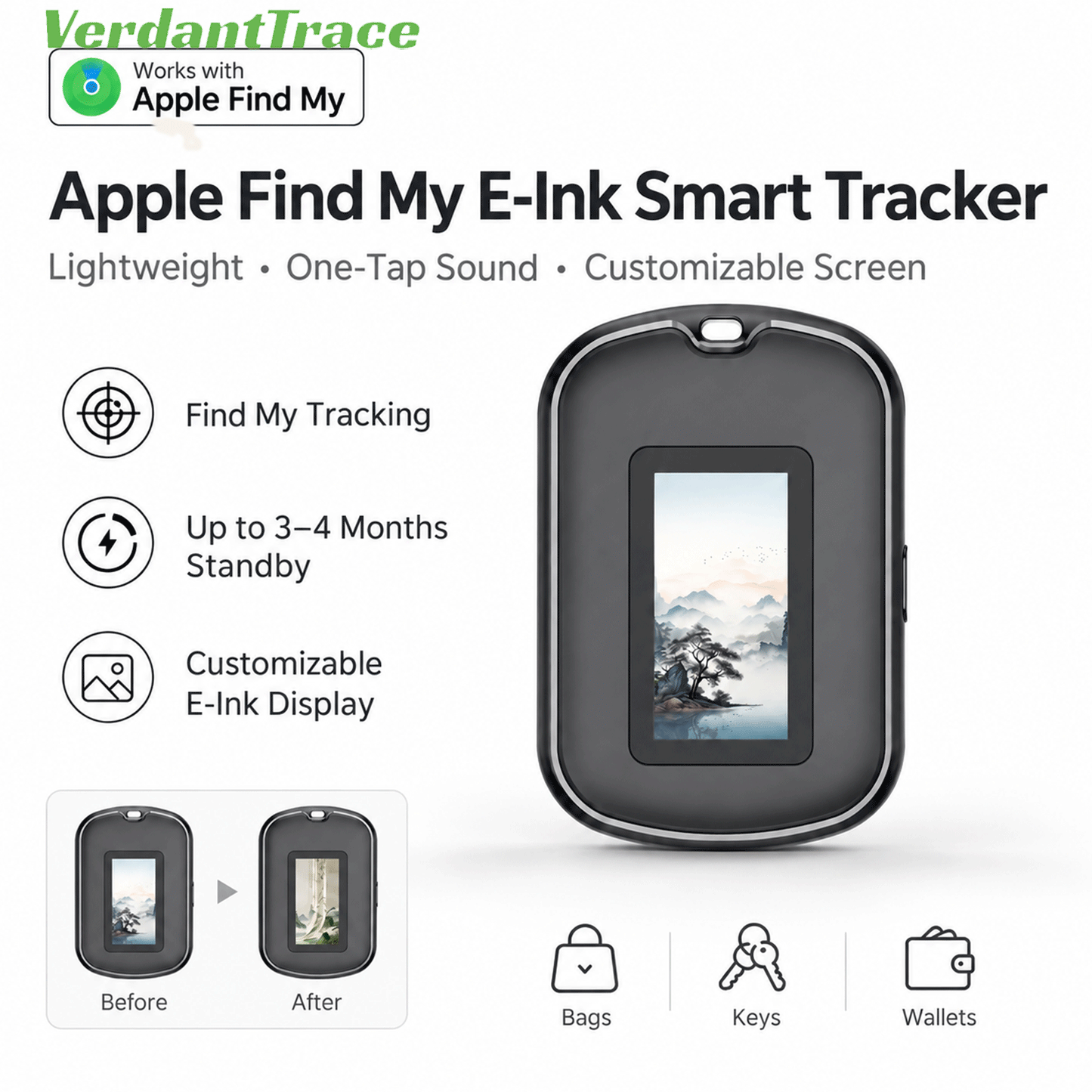 VerdantTrace VT26 E-Ink-Tracker mit anpassbarem Foto, Text und Kontaktdaten
