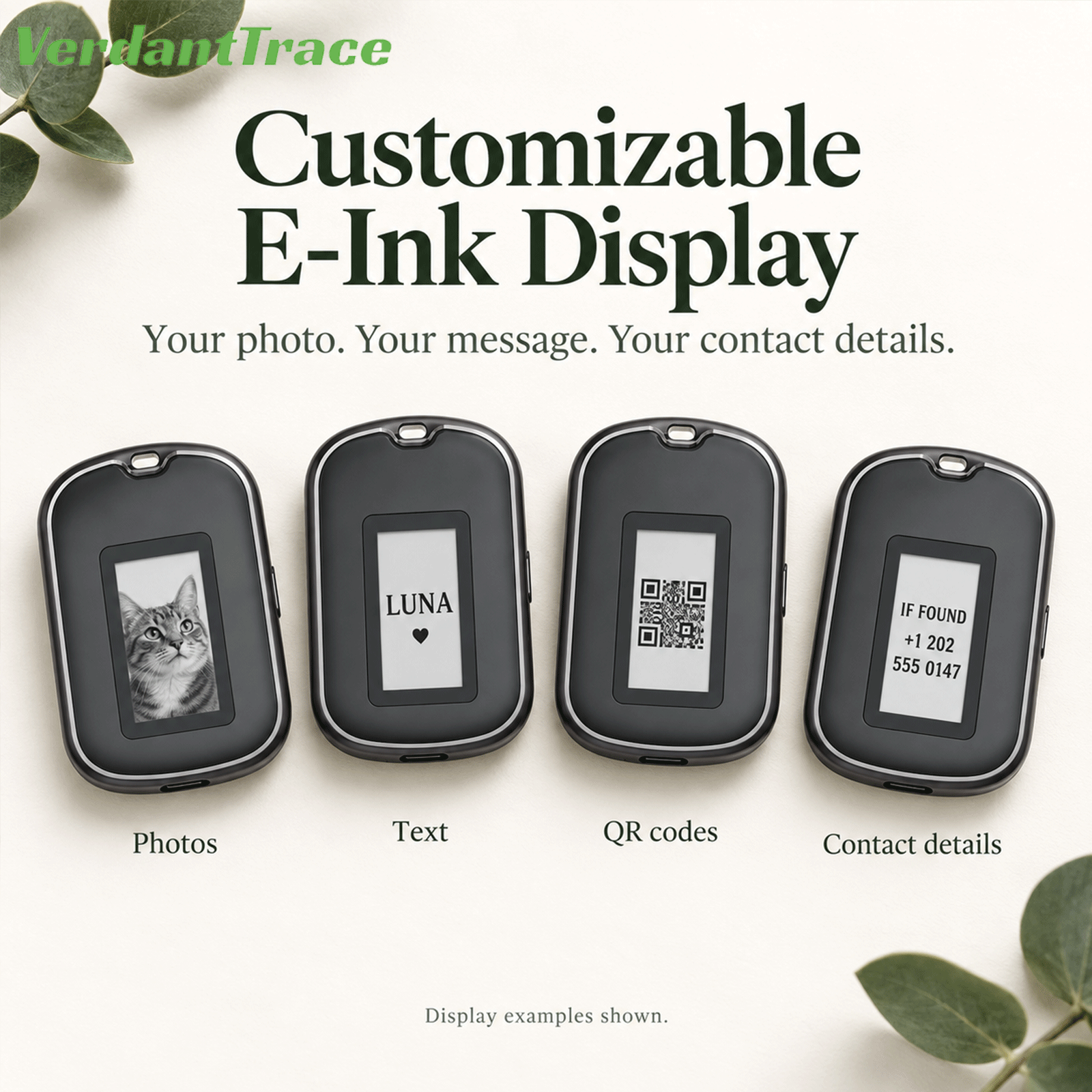 VerdantTrace VT26 E-Ink-Display mit personalisierten Haustier-ID-Informationen