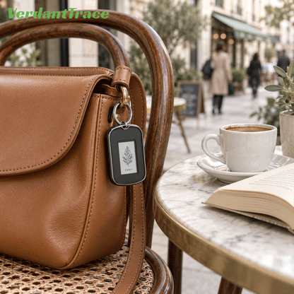 VerdantTrace VT26 Smart Tracker an einer Handtasche in einem Café