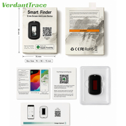 VerdantTrace VT26 Tracker mit Größenangaben und Packungsinhalt inklusive USB-C-Ladekabel