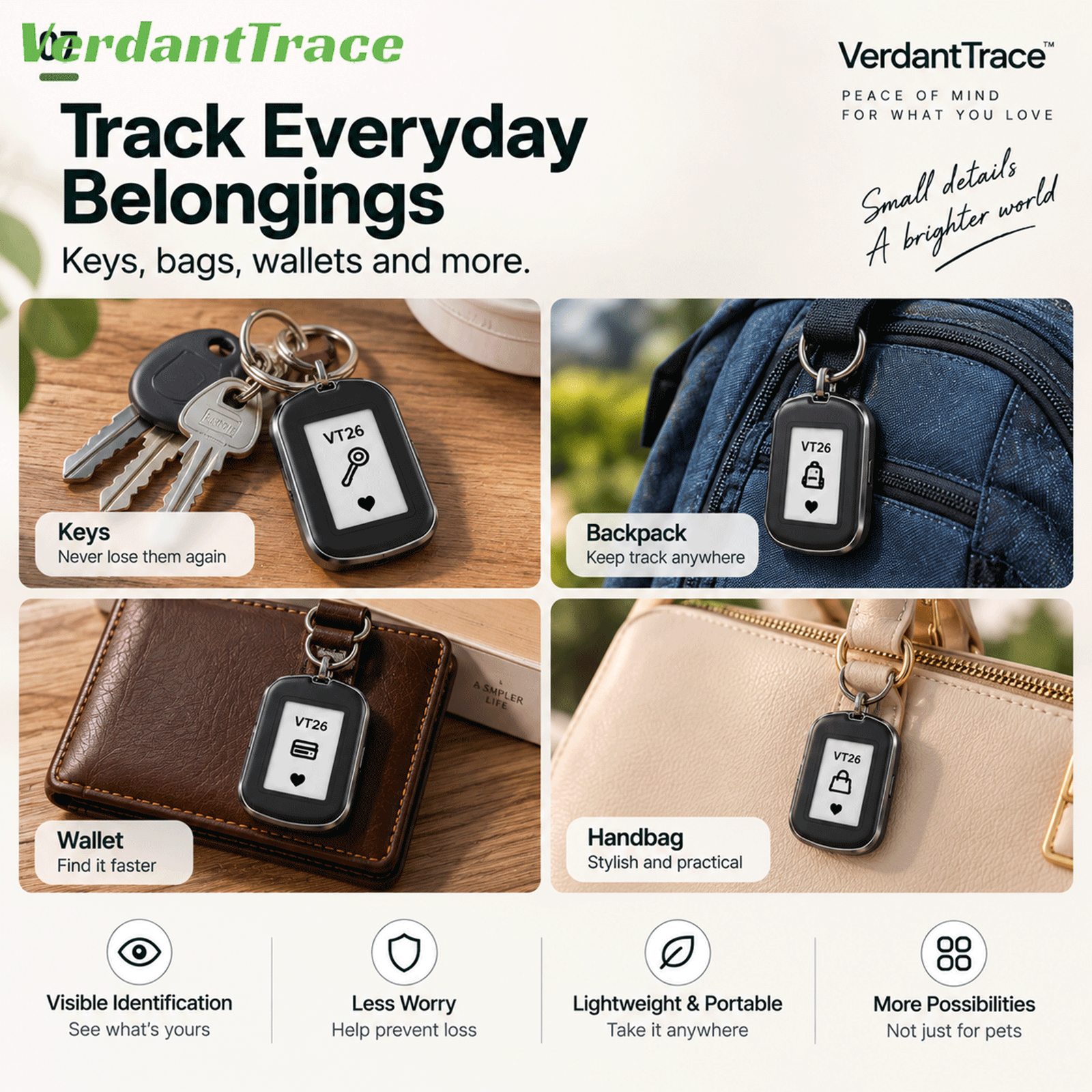 VerdantTrace VT26 Smart-ID-Tracker mit E-Ink-Kontakt- und Identifikationsanzeige