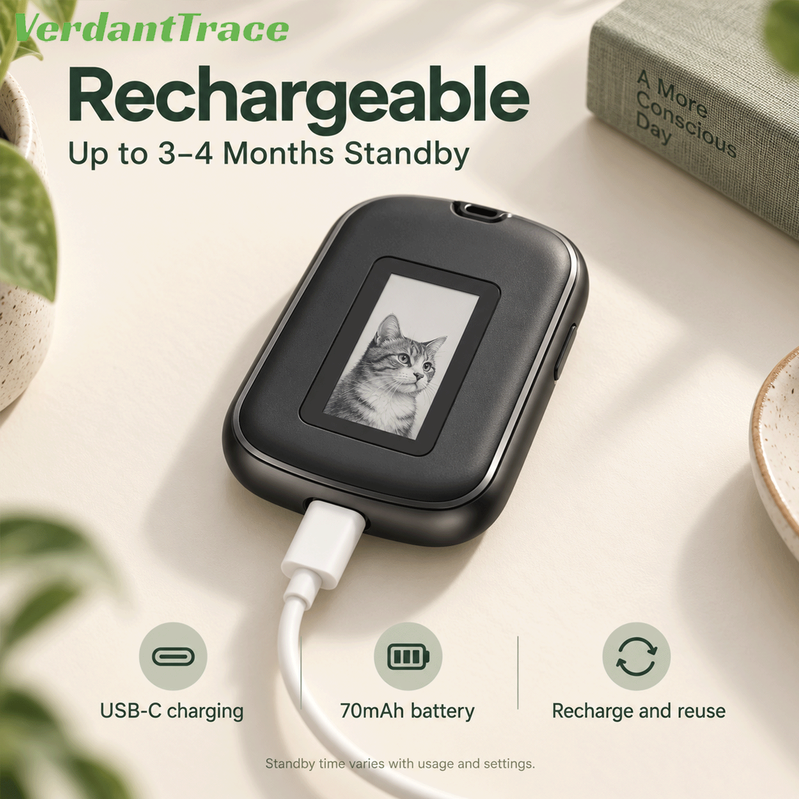 Wiederaufladbarer VerdantTrace VT26 Tracker mit USB-C-Ladekabel