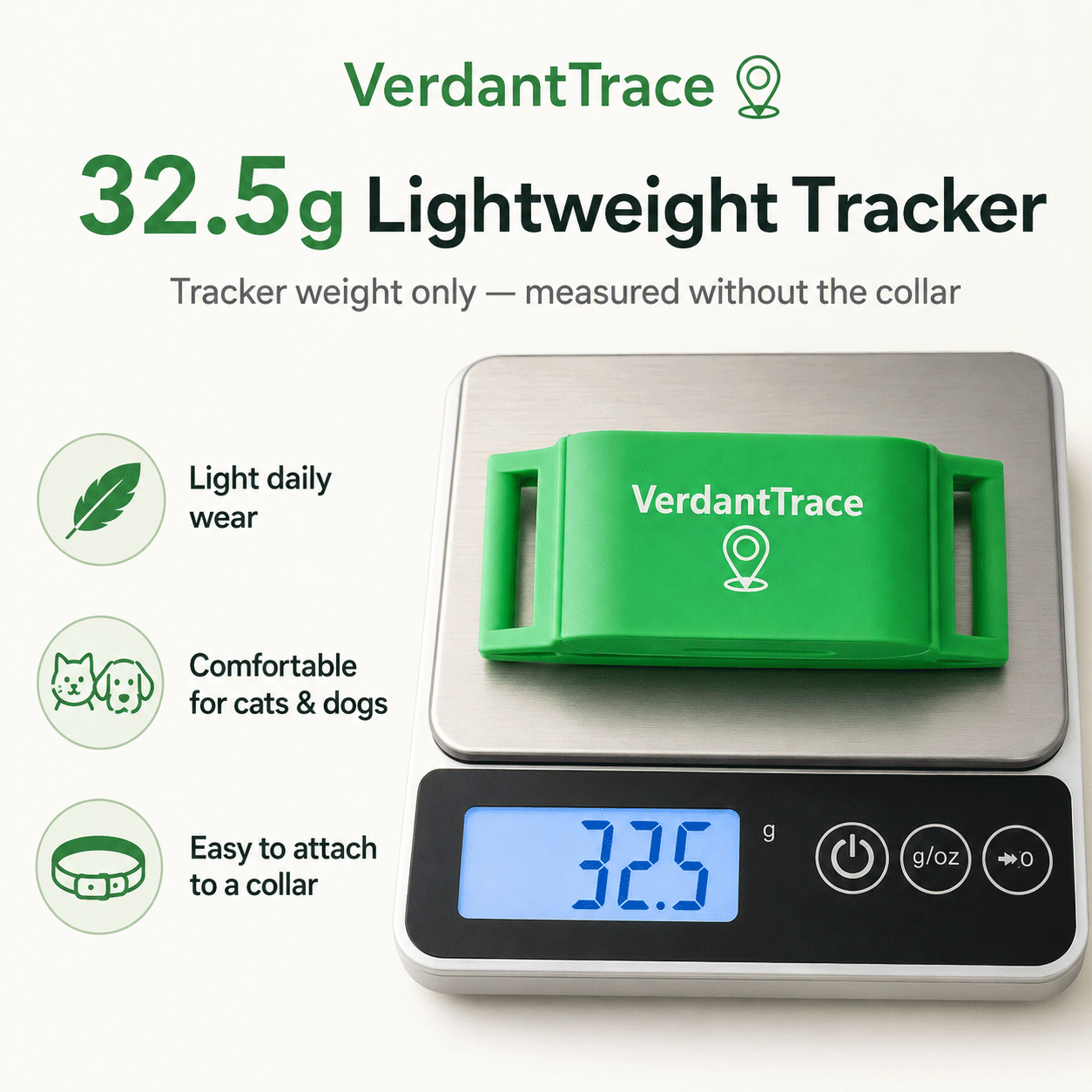 VerdantTrace VT01 lightweight GPS pet tracker weighing 32.5g for everyday cat and dog collar wear