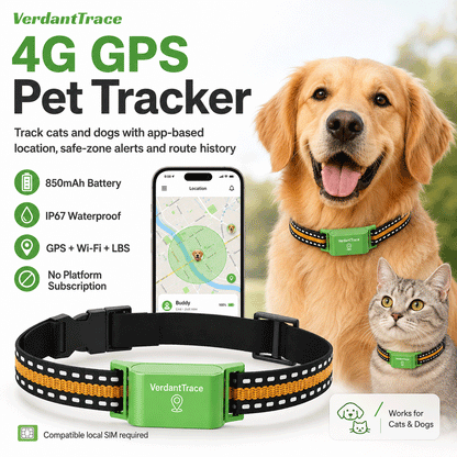 VerdantTrace VT01 4G GPS pet tracker for cats and dogs with 850mAh battery and IP67 protection