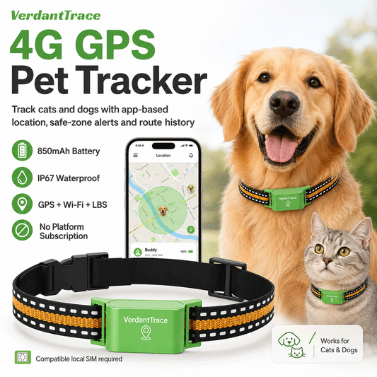 VerdantTrace VT01 4G GPS pet tracker for cats and dogs with 850mAh battery and IP67 protection
