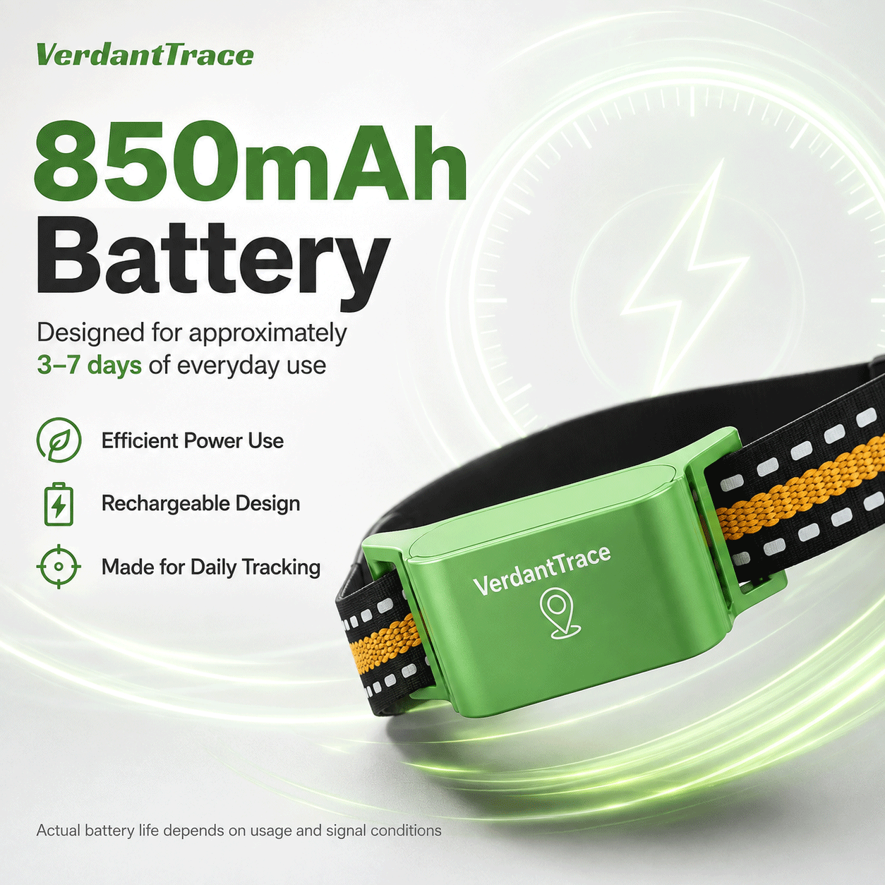 VerdantTrace VT01 pet GPS tracker with 850mAh rechargeable battery for approximately 3 to 7 days of use