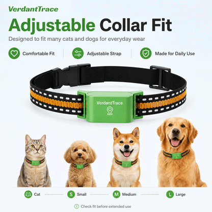 VerdantTrace VT01 adjustable GPS collar designed for comfortable everyday wear by cats and dogs