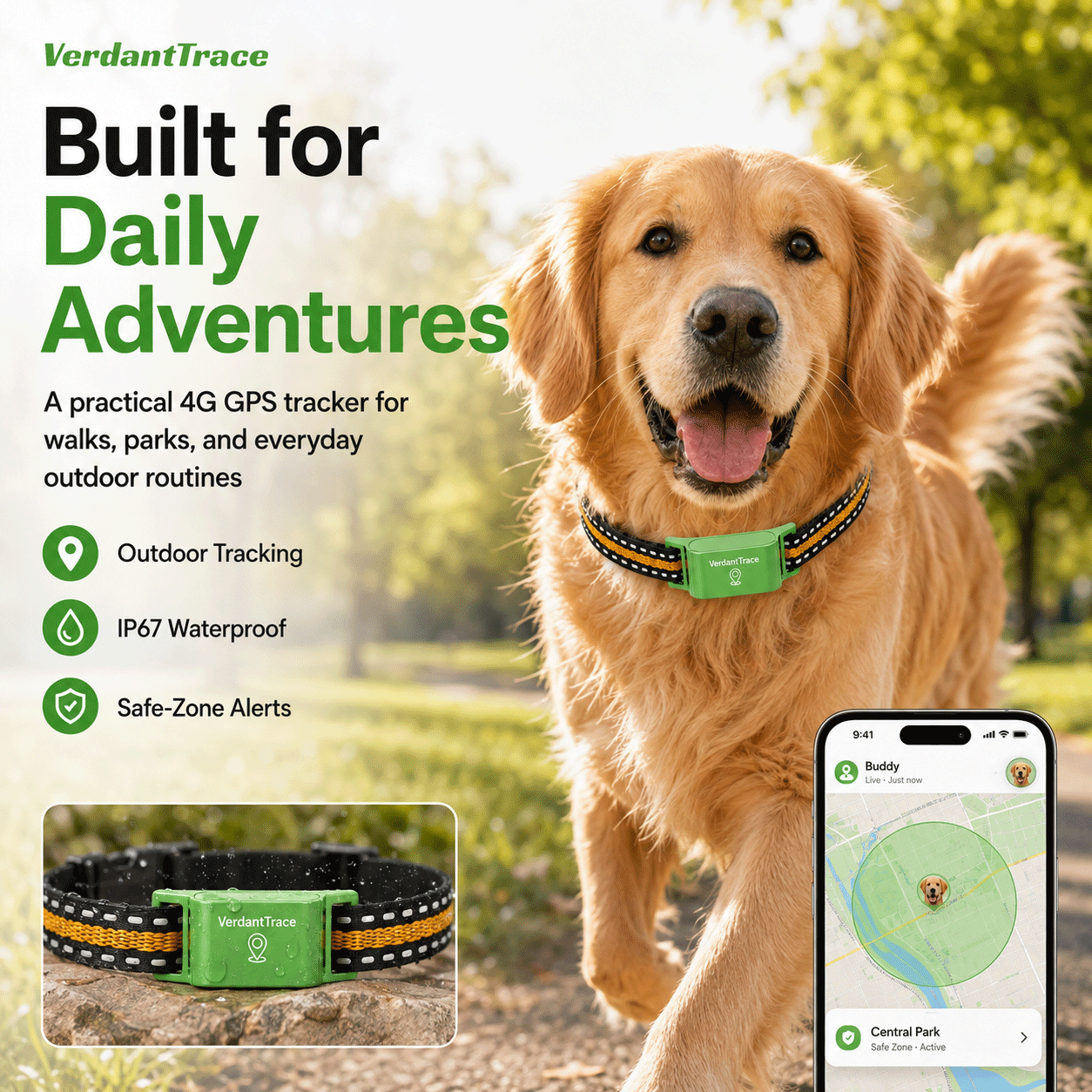 VT01 dog GPS tracker for walks parks and everyday outdoor adventures with IP67 protection