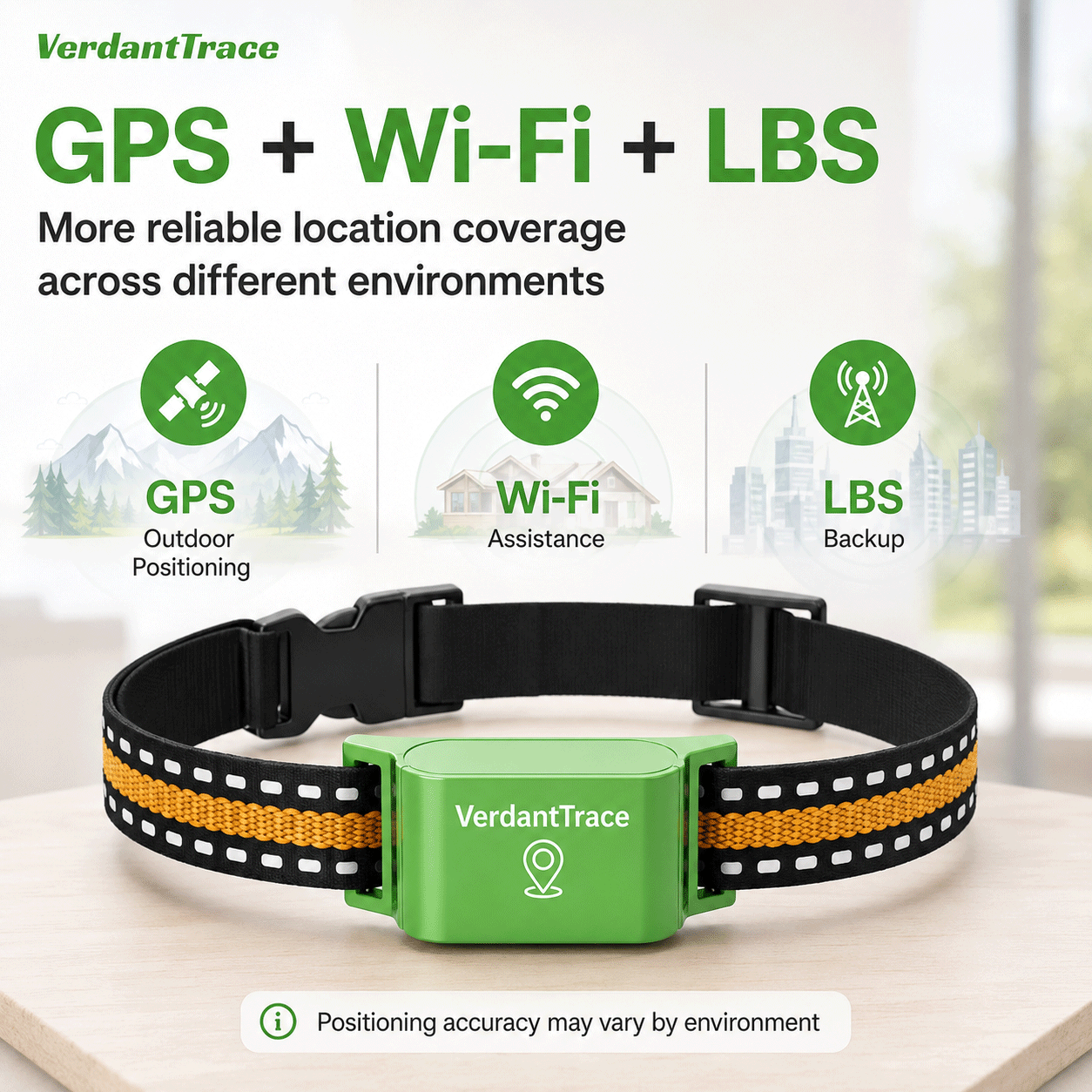 VT01 pet tracker using GPS Wi-Fi and LBS positioning for location coverage across different environments