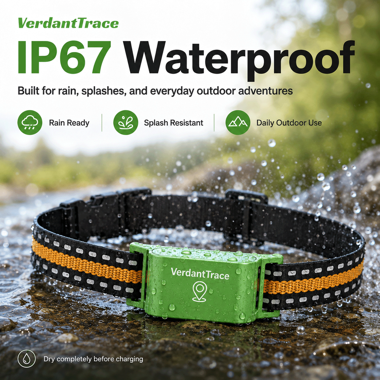 VT01 IP67 waterproof pet GPS collar designed for rain splashes and everyday outdoor use