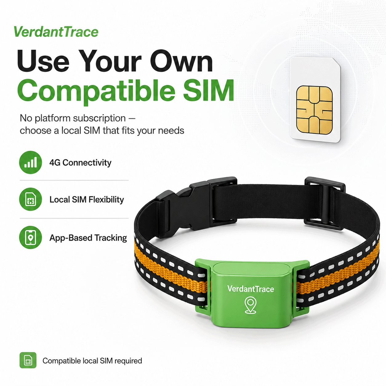 VT01 4G pet GPS tracker using a compatible local SIM card with no VerdantTrace platform subscription