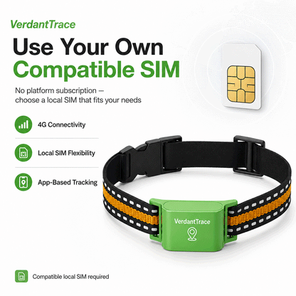 VT01 4G pet GPS tracker using a compatible local SIM card with no VerdantTrace platform subscription