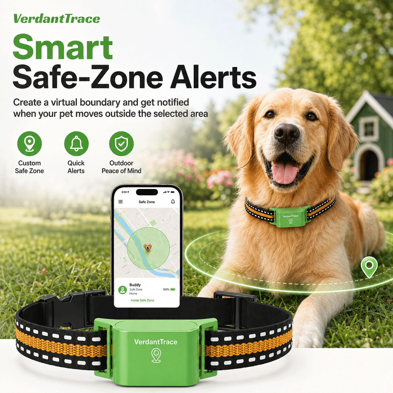 VT01 pet GPS tracker with customizable safe-zone alerts for everyday outdoor pet safety
