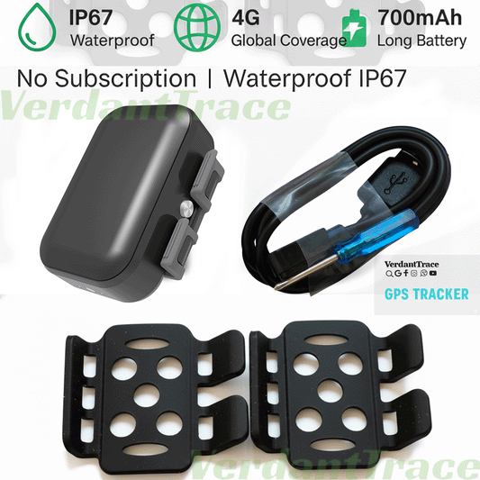 VerdantTrace VT06 4G GPS pet tracker with charging cable and collar mounting attachments