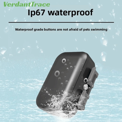 VerdantTrace VT06 IP67 GPS pet tracker shown with water splashes for everyday outdoor protection