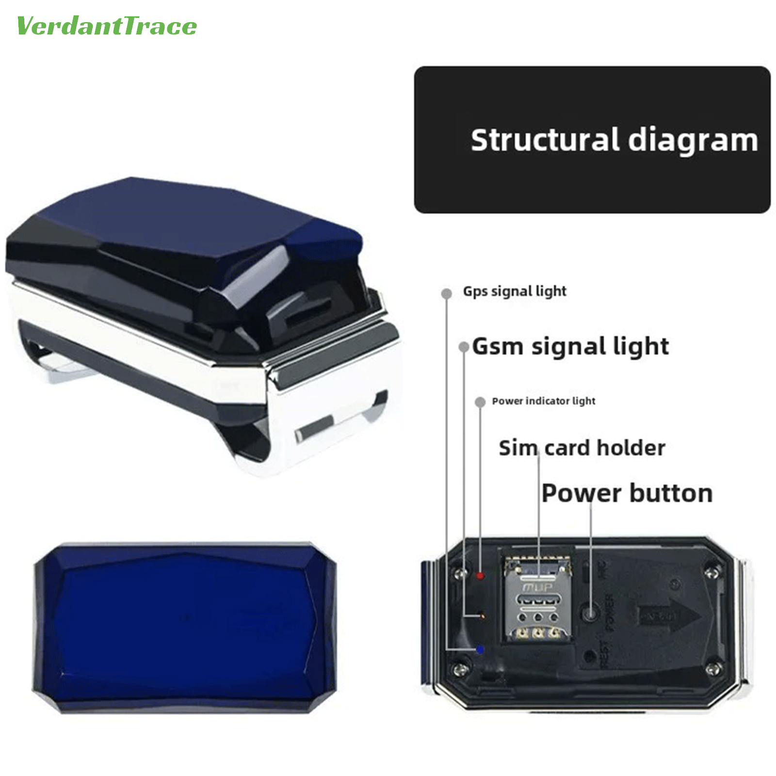 VerdantTrace VT12 tracker structural diagram showing GPS and GSM indicators, SIM card holder and power button