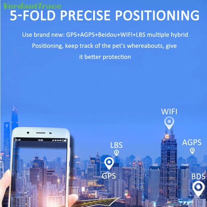 VT15 pet tracker positioning illustration showing GPS, A-GPS, Wi-Fi and LBS location technologies