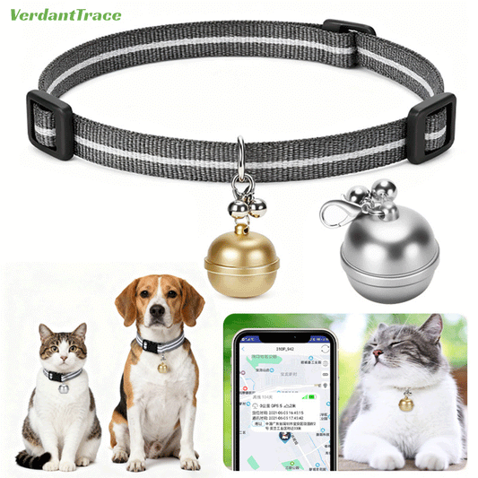 Cats and dog wearing VerdantTrace VT15 mini GPS pet trackers beside the 365GPS mobile location map