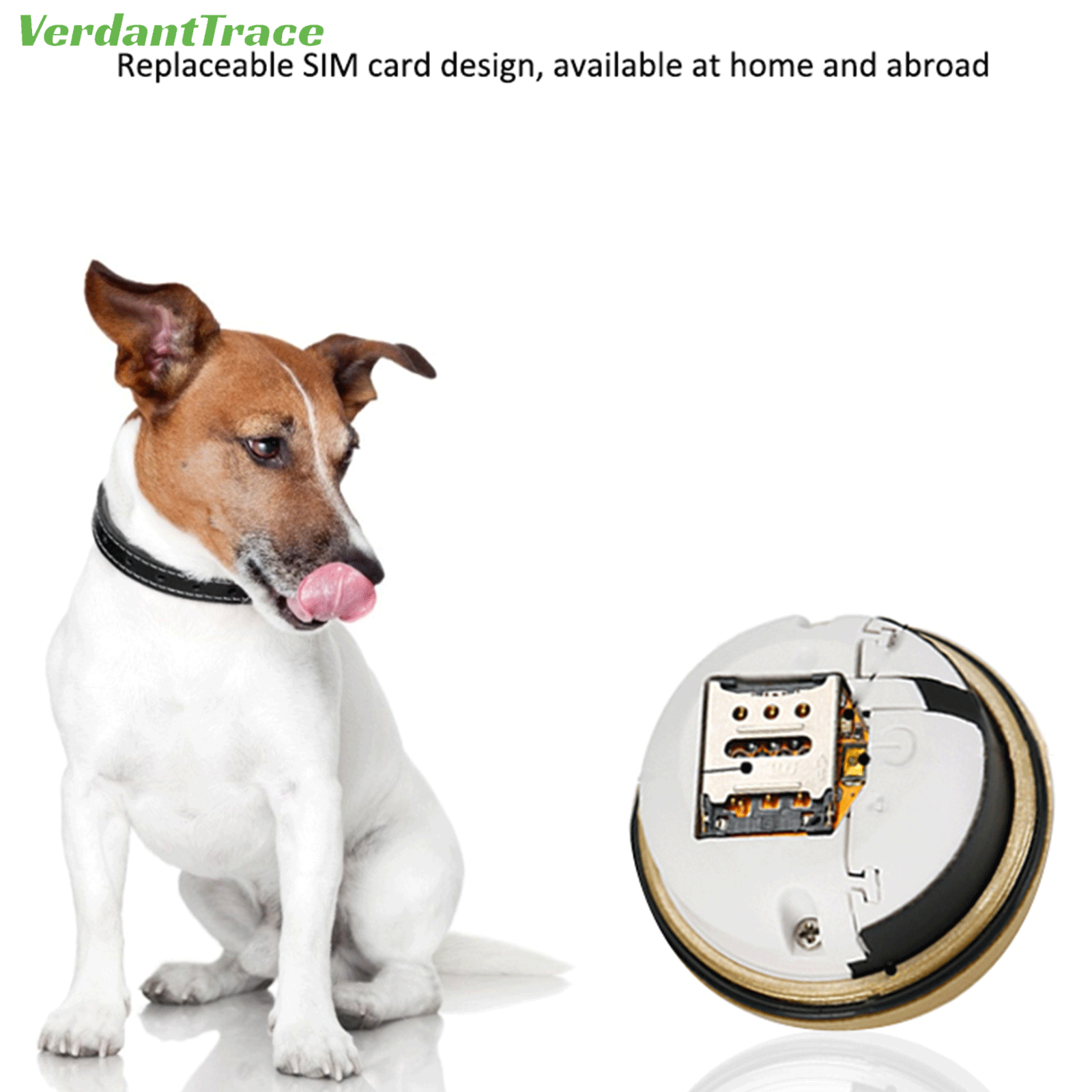 VerdantTrace VT15 GPS pet tracker opened to show the replaceable Nano-SIM card slot