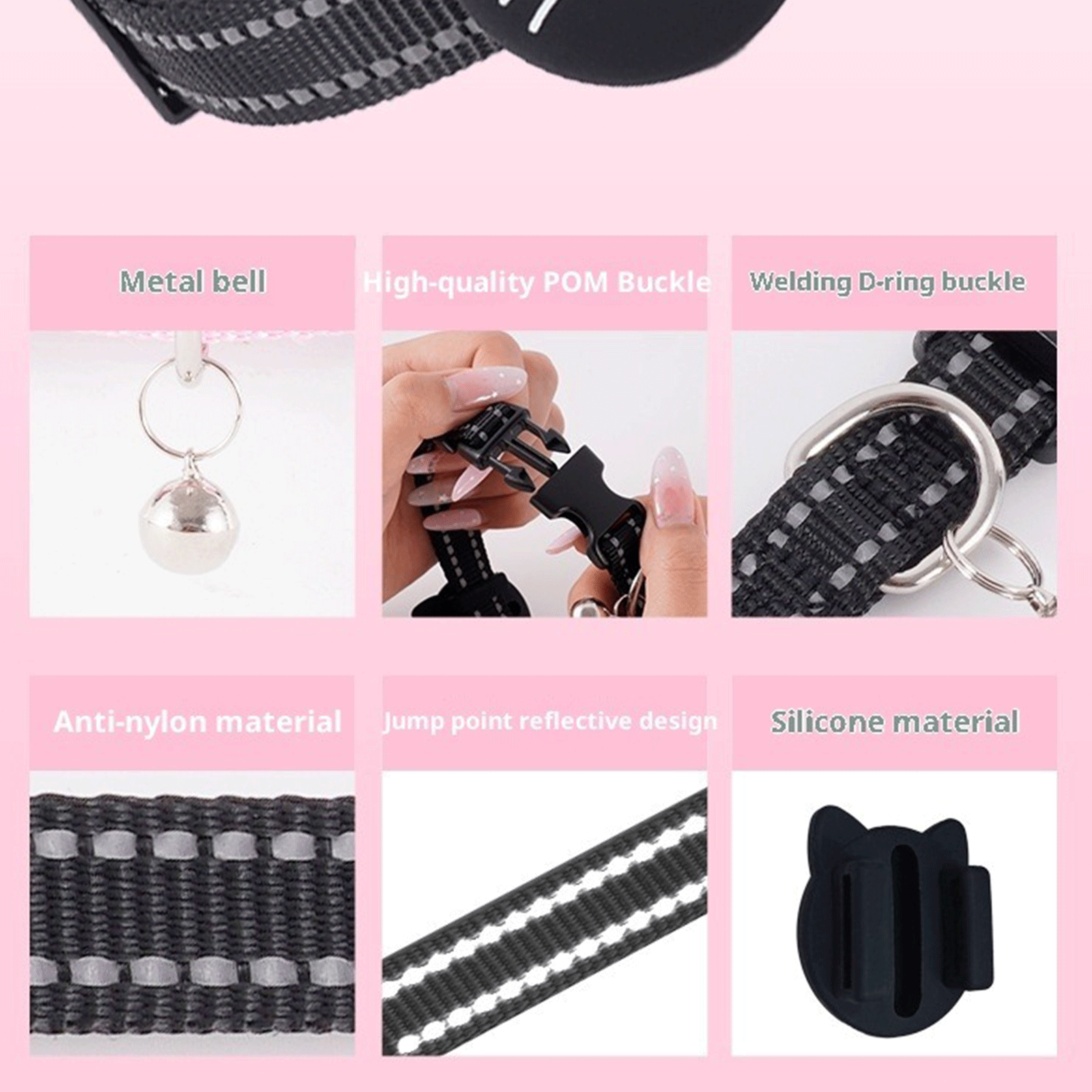 Close-up graphic of VT22 pet finder tag collar materials and hardware
