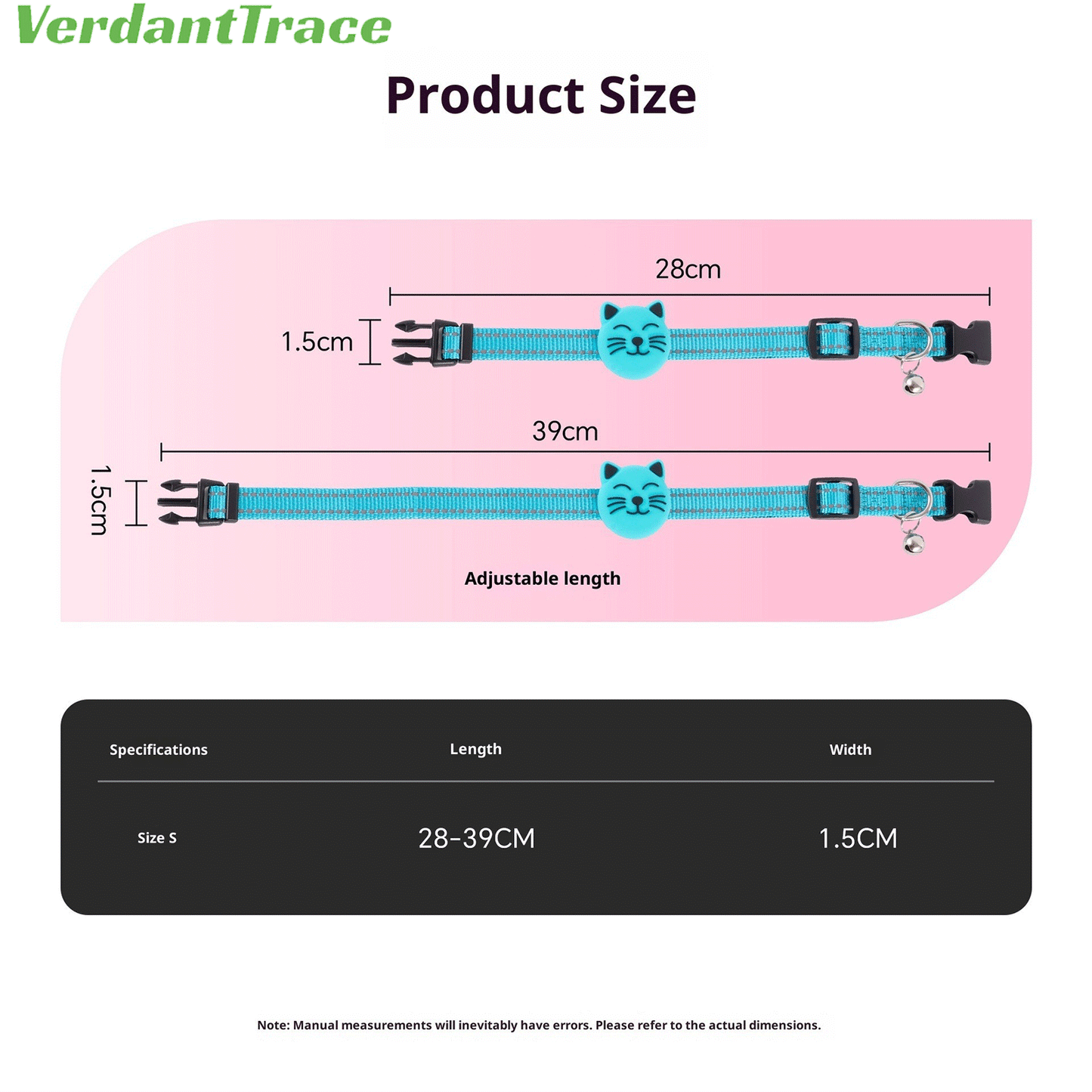 VerdantTrace VT22 pet finder tag collars shown with collar and tracker size information