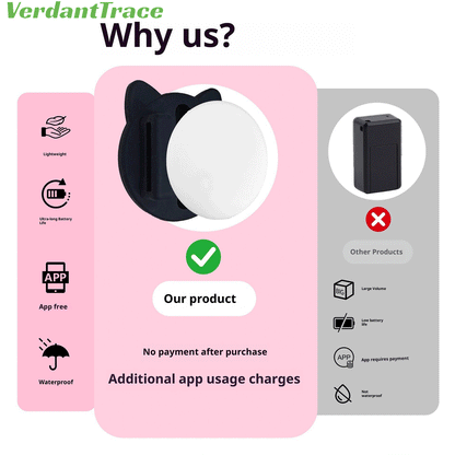 Product comparison graphic featuring the VT22 pet finder tag
