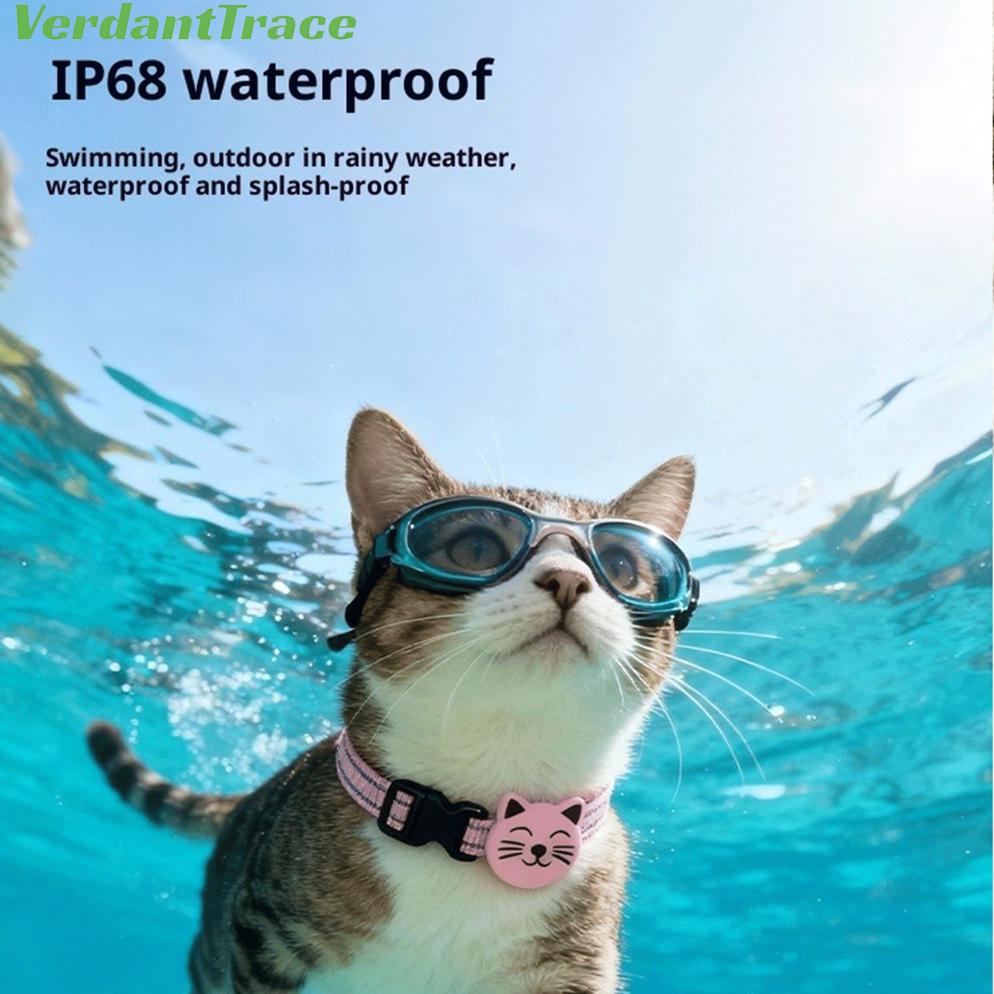 Cat wearing a pink VT22 pet finder tag in an underwater illustration