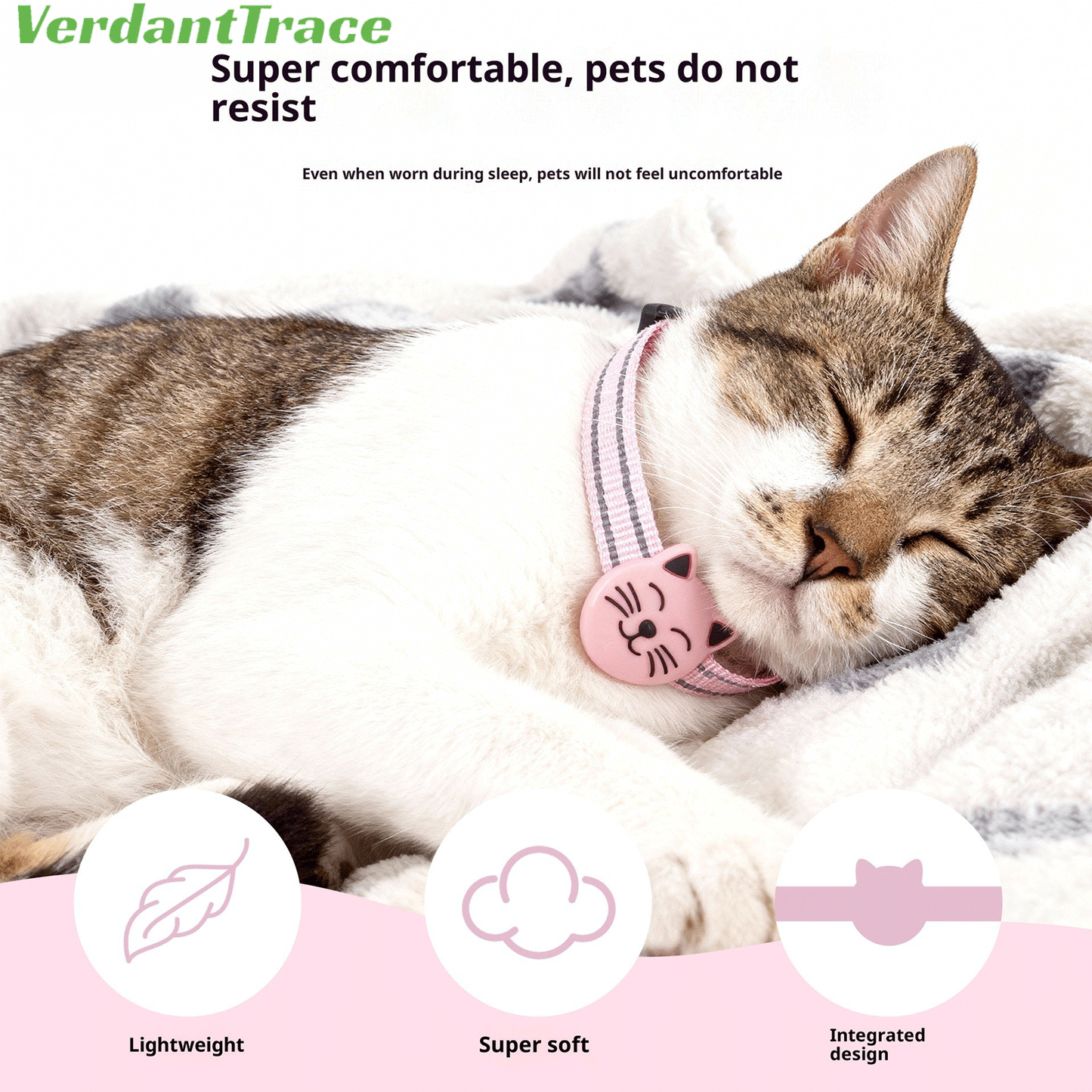 Cat resting indoors while wearing a pink VerdantTrace VT22 mini pet finder tag
